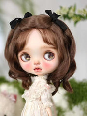 Close Up Of Short Brown Curly Hair Handmade Blythe Wig ToastDoll
