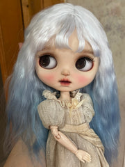 Handmade Blythe Wig, Two Tone White Blue Waves with Bangs