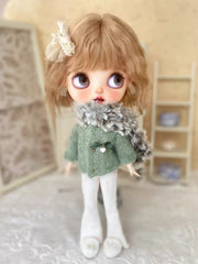 Handmade Outfit for Blythe/Obitsu, Matcha Cardigan Scarf Set
