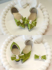 Glitter Pearl Bow Lime-Green Blythe High Heels Flat Lay | ToastDoll