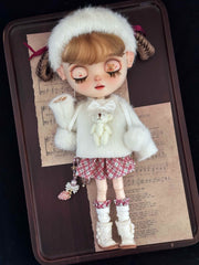 Cute Fuzzy Bear Tartan Blythe Outfit Front View | ToastDoll