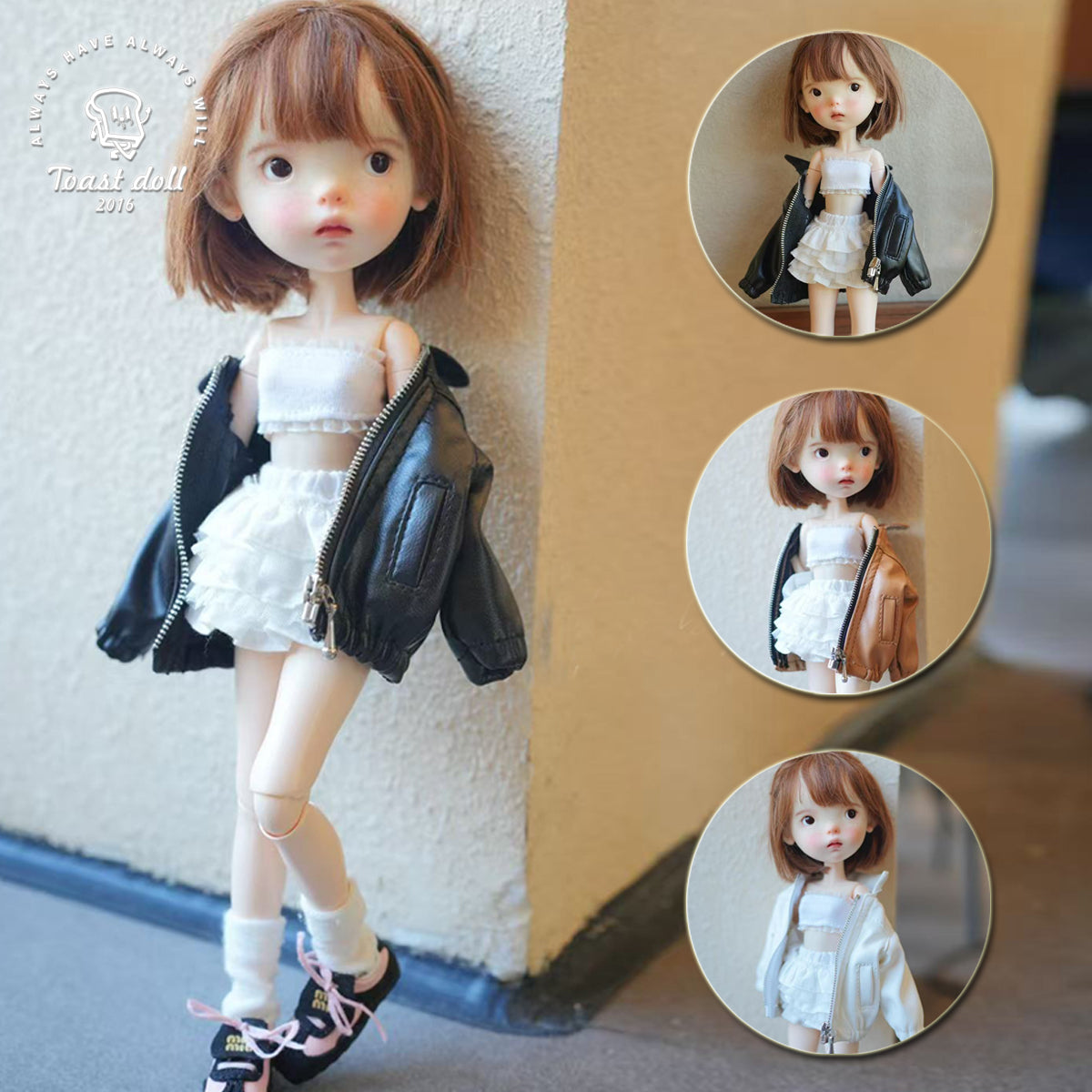 Handmade Outfit for Blythe/ Ob24/ Ob22/ Pullip, Leather Coat& Cake Layers Dress Set