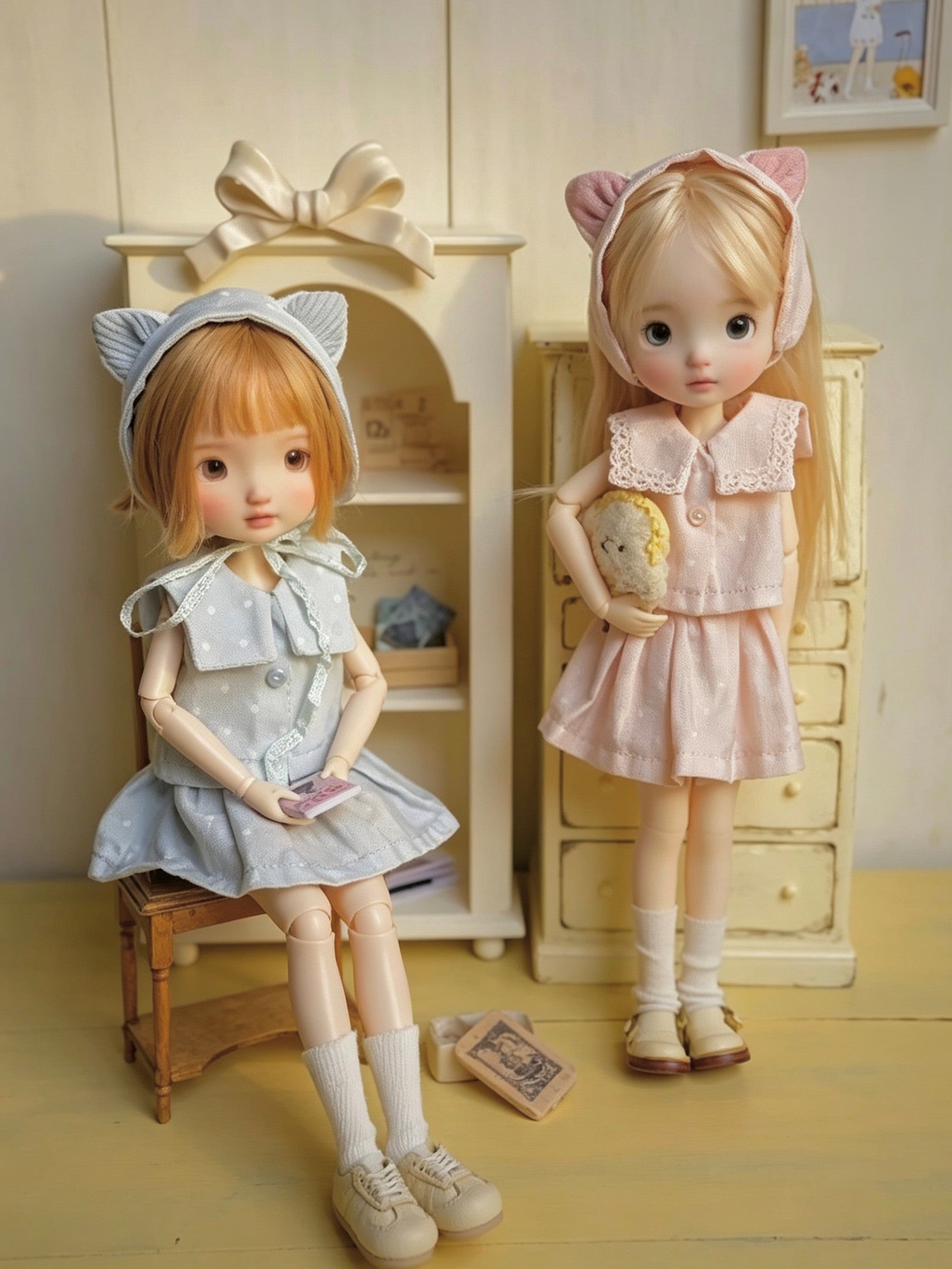 Pink Blue Cat Ear BJD Outfit - Handmade Doll Clothes - ToastDoll