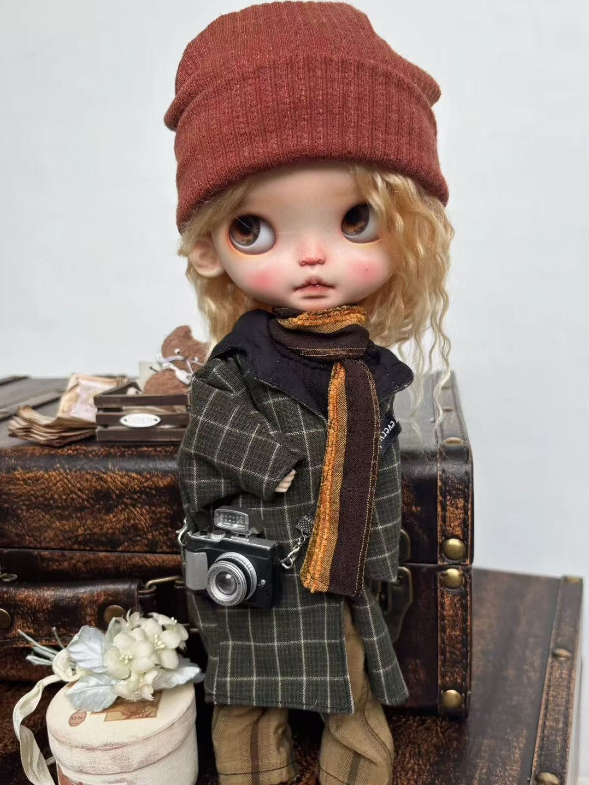 Handmade Outfit for Blythe/Obitsu, Dark Green Plaid Coat Set
