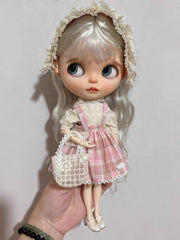 Pink Plaid Blythe Dress Set On Doll Display | ToastDoll