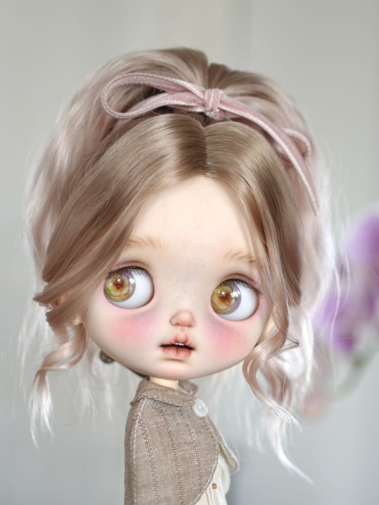 Handmade Blythe Wig,  High Ponytail with Center Part Bangs