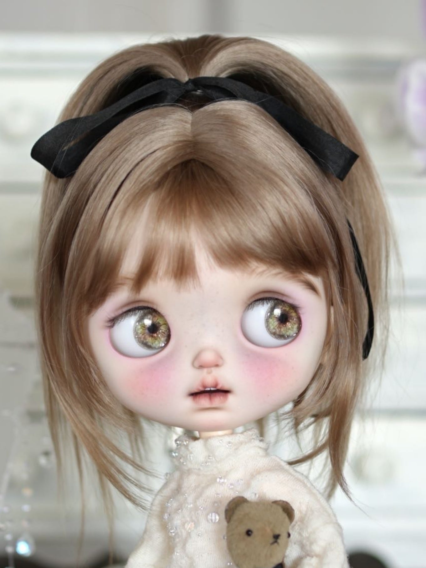 Handmade Blythe Wig,  High Ponytail with Center Part Bangs
