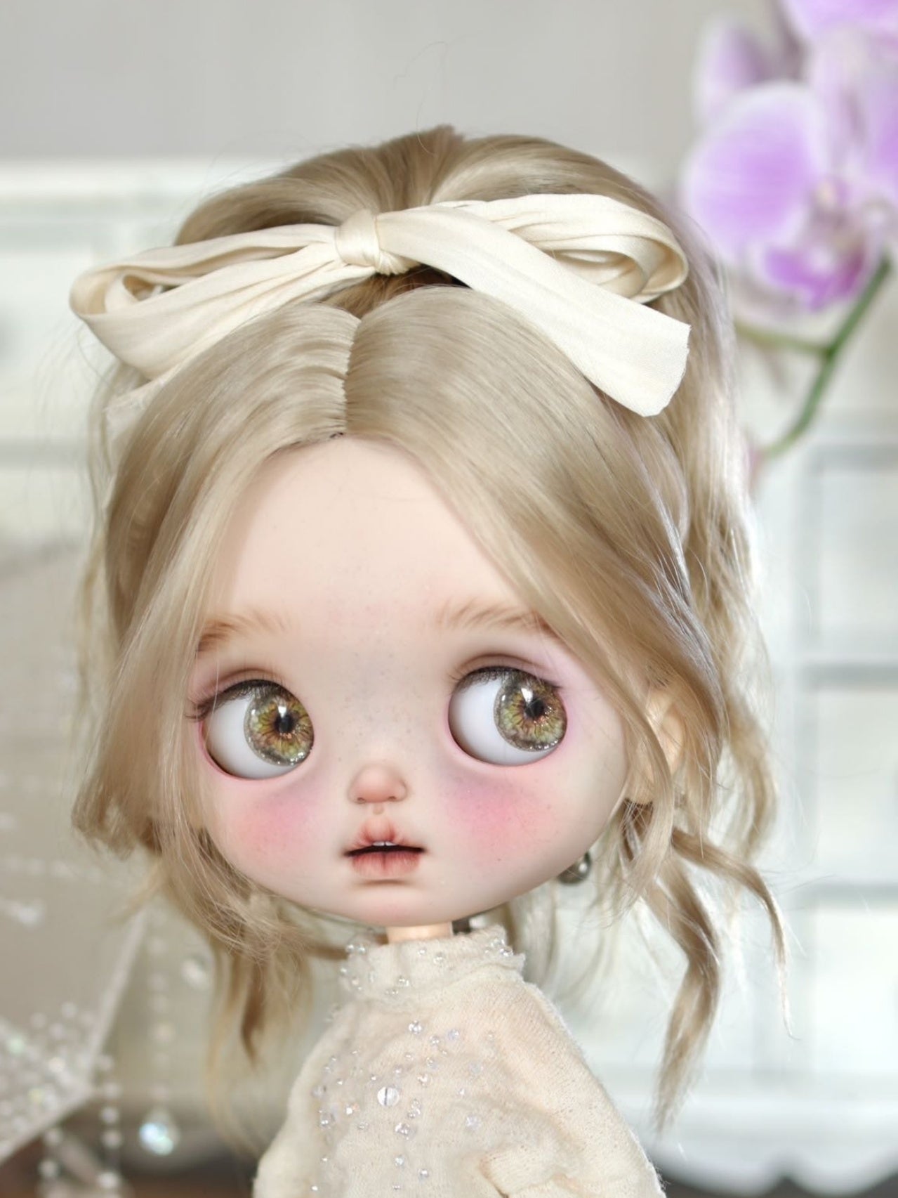 Handmade Blythe Wig,  High Ponytail with Center Part Bangs