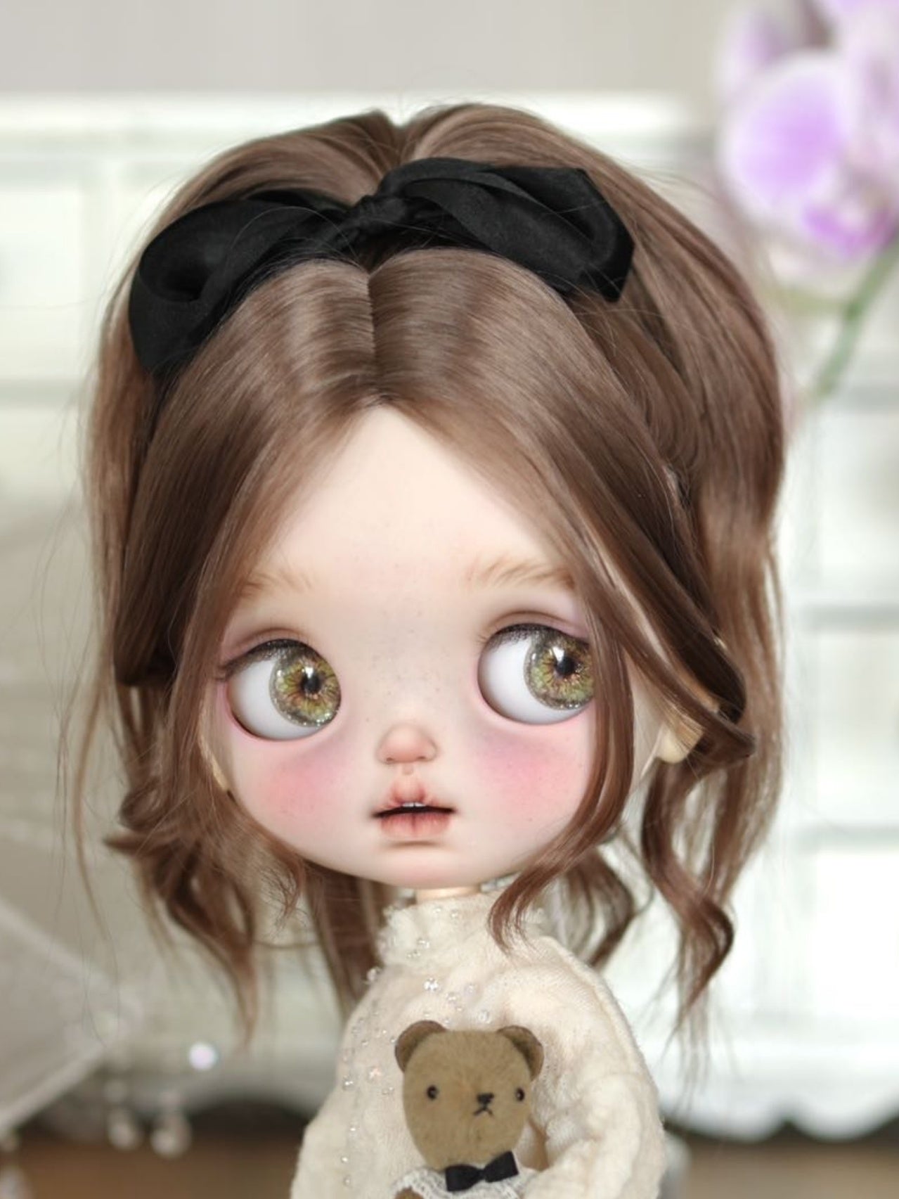 Handmade Blythe Wig,  High Ponytail with Center Part Bangs