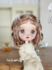 Close Up Of Short Brown Tones Curly Hair Handmade Blythe Wig ToastDoll