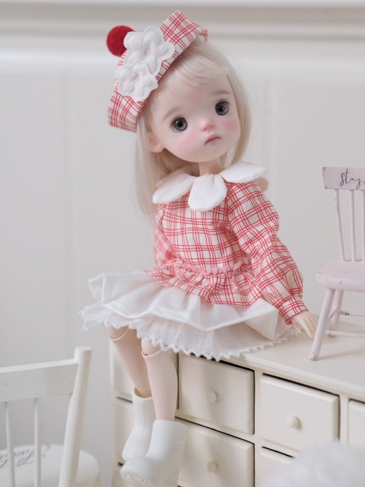 ⁠Red Plaid Blythe 1/6 BJD Dress Set Sitting Pose | ToastDoll