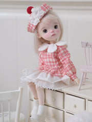 ⁠Red Plaid Blythe 1/6 BJD Dress Set Sitting Pose | ToastDoll