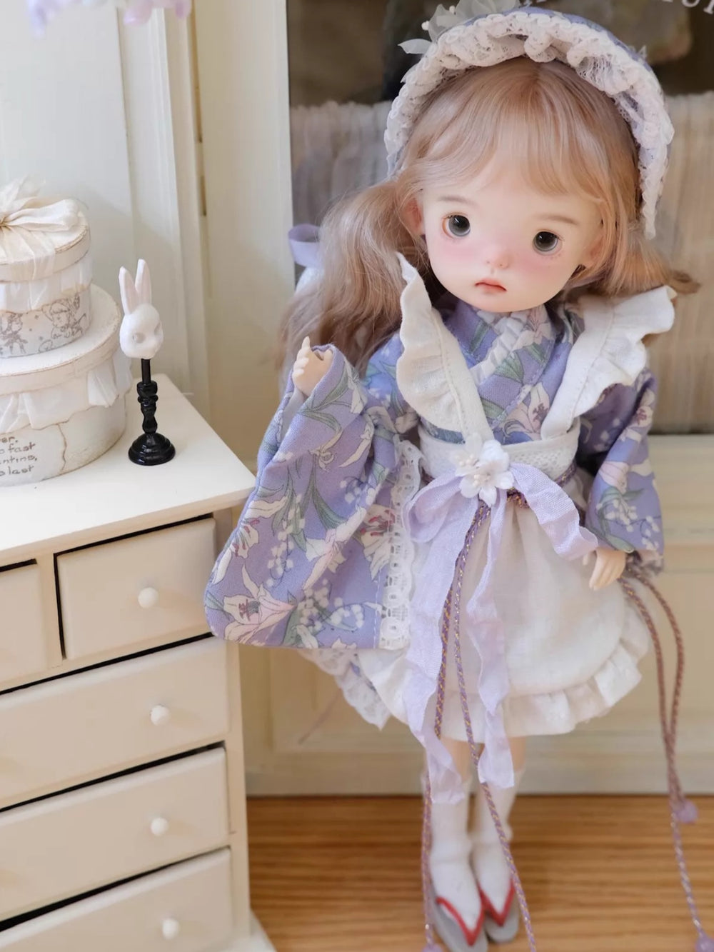 Floral Kimono Blythe 1/6 BJD Light-Purple Set On Doll Display | ToastDoll