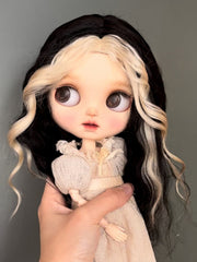 Handmade Blythe Wig, Two Tone White Black Waves with Bangs