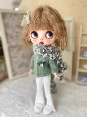 Handmade Outfit for Blythe/Obitsu, Matcha Cardigan Scarf Set