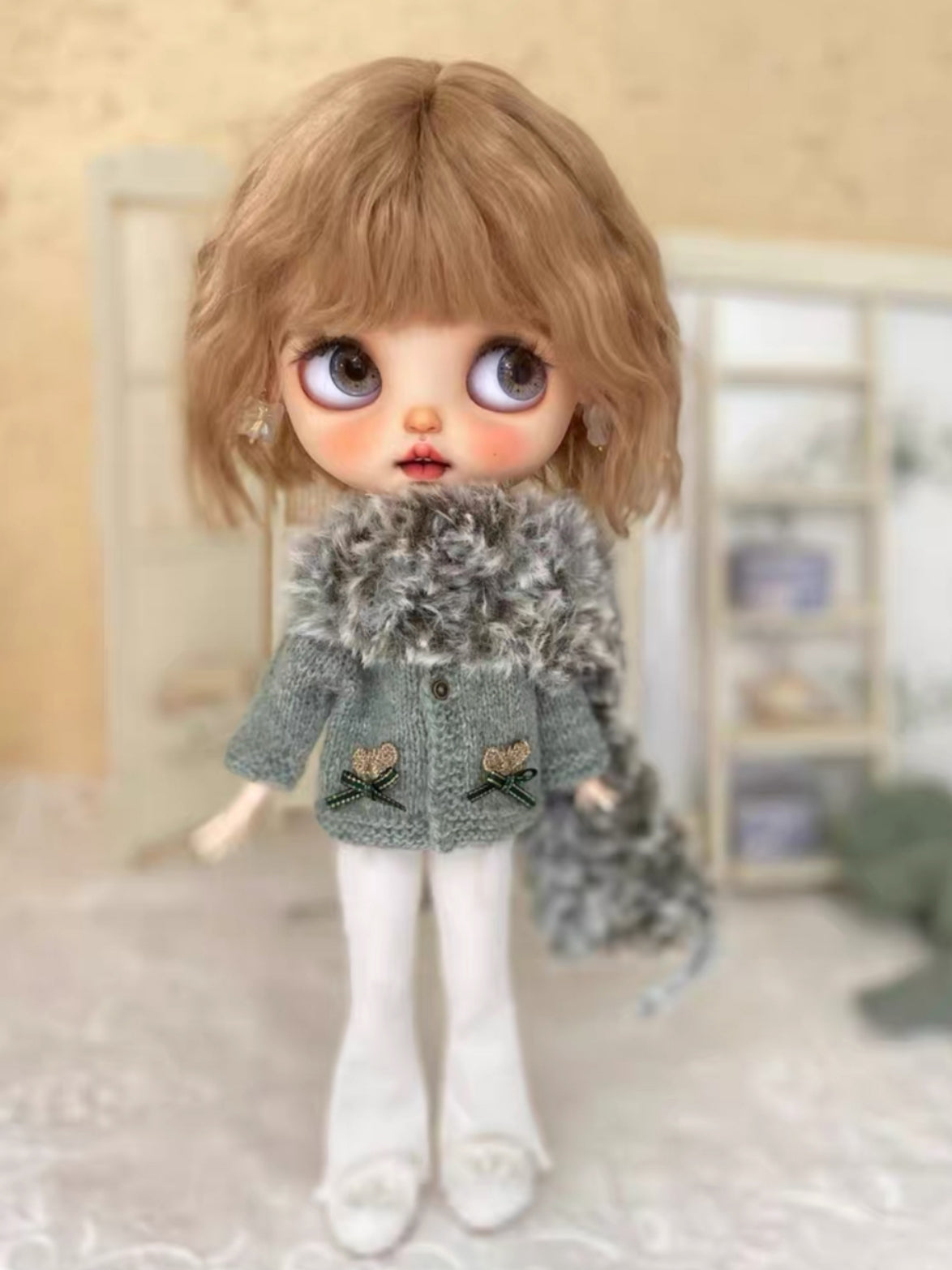 Handmade Outfit for Blythe/Obitsu, Matcha Cardigan Scarf Set