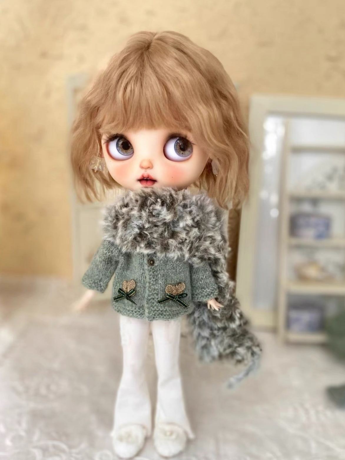 Handmade Outfit for Blythe/Obitsu, Matcha Cardigan Scarf Set