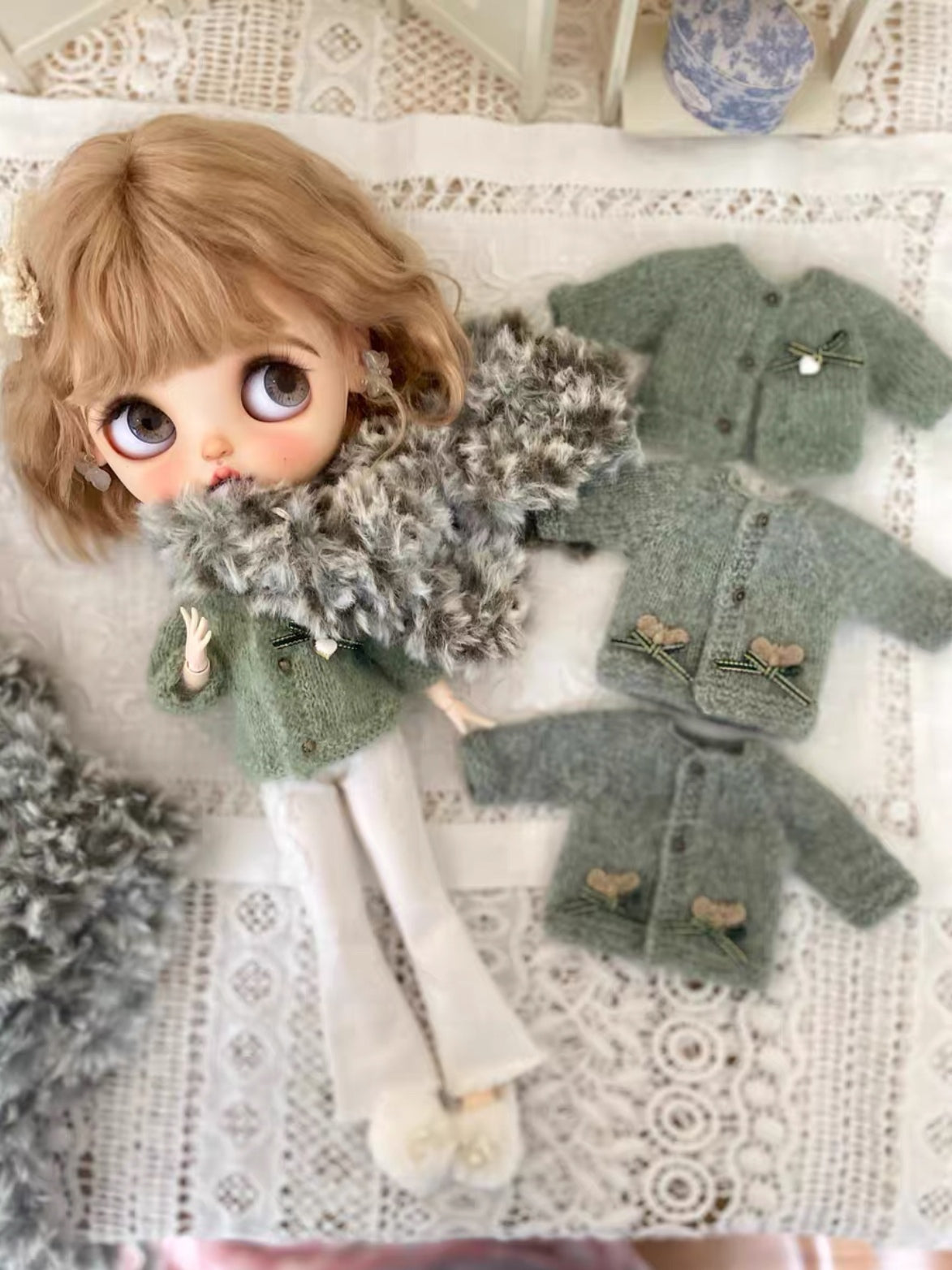 Handmade Outfit for Blythe/Obitsu, Matcha Cardigan Scarf Set