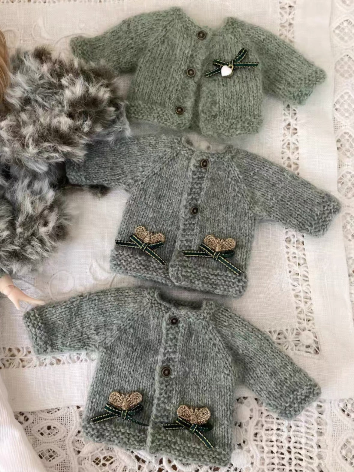 Handmade Outfit for Blythe/Obitsu, Matcha Cardigan Scarf Set