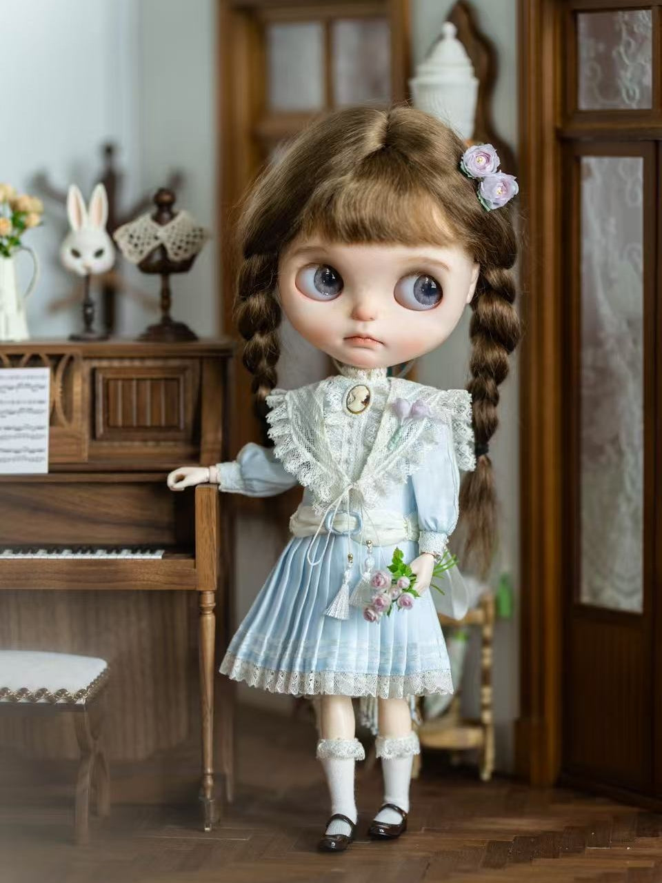 Handmade Outfit for Blythe/Obitsu,Blue Vintage Pleated Skirt Set