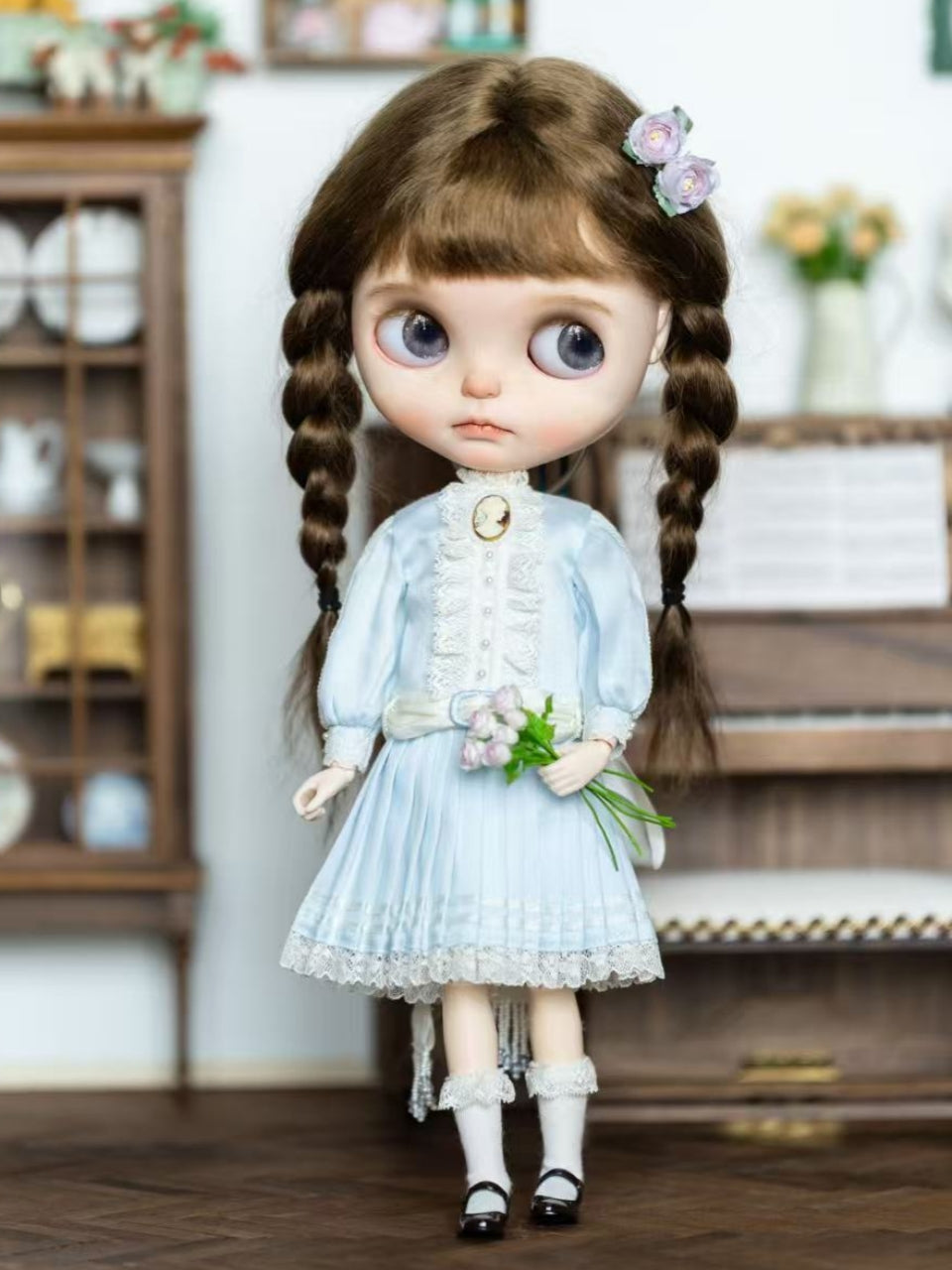 Handmade Outfit for Blythe/Obitsu,Blue Vintage Pleated Skirt Set