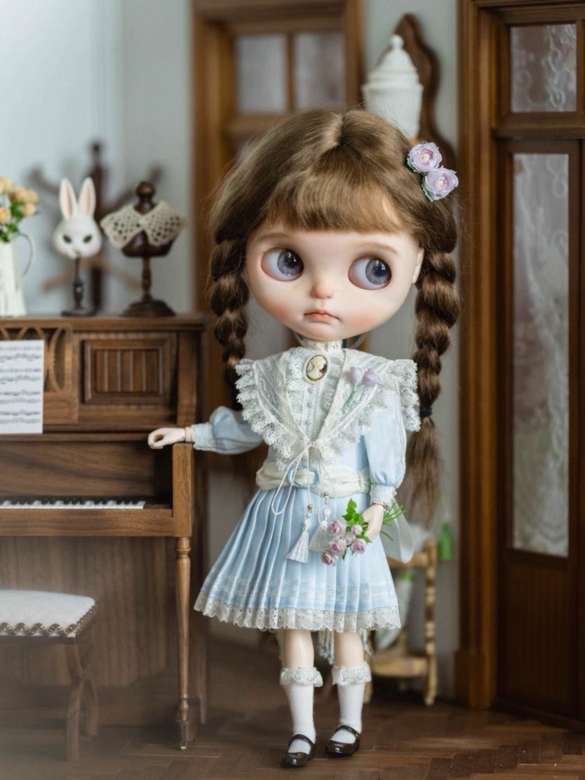 Handmade Outfit for Blythe/Obitsu,Blue Vintage Pleated Skirt Set
