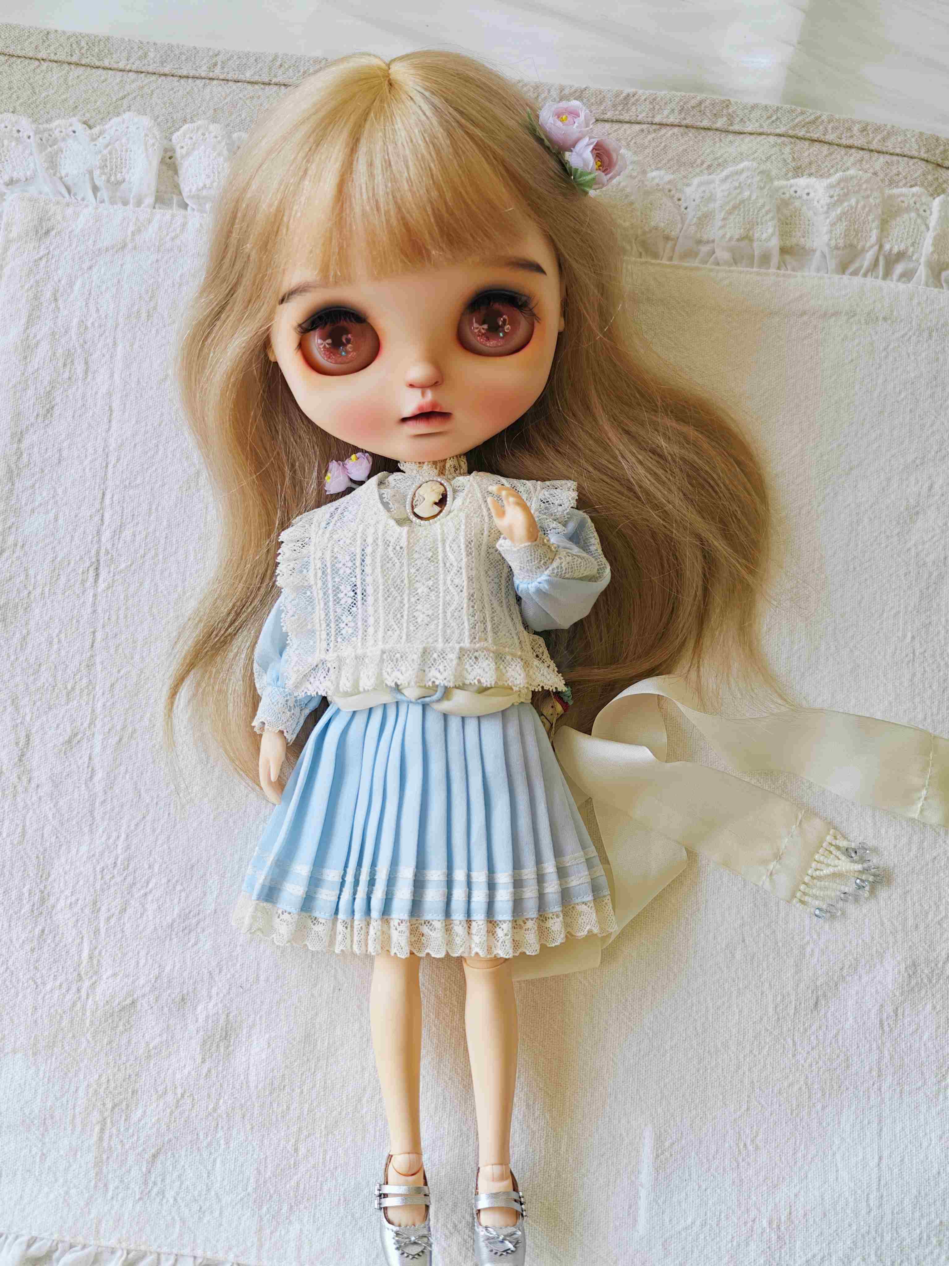 Handmade Outfit for Blythe/Obitsu,Blue Vintage Pleated Skirt Set