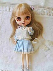Handmade Outfit for Blythe/Obitsu,Blue Vintage Pleated Skirt Set