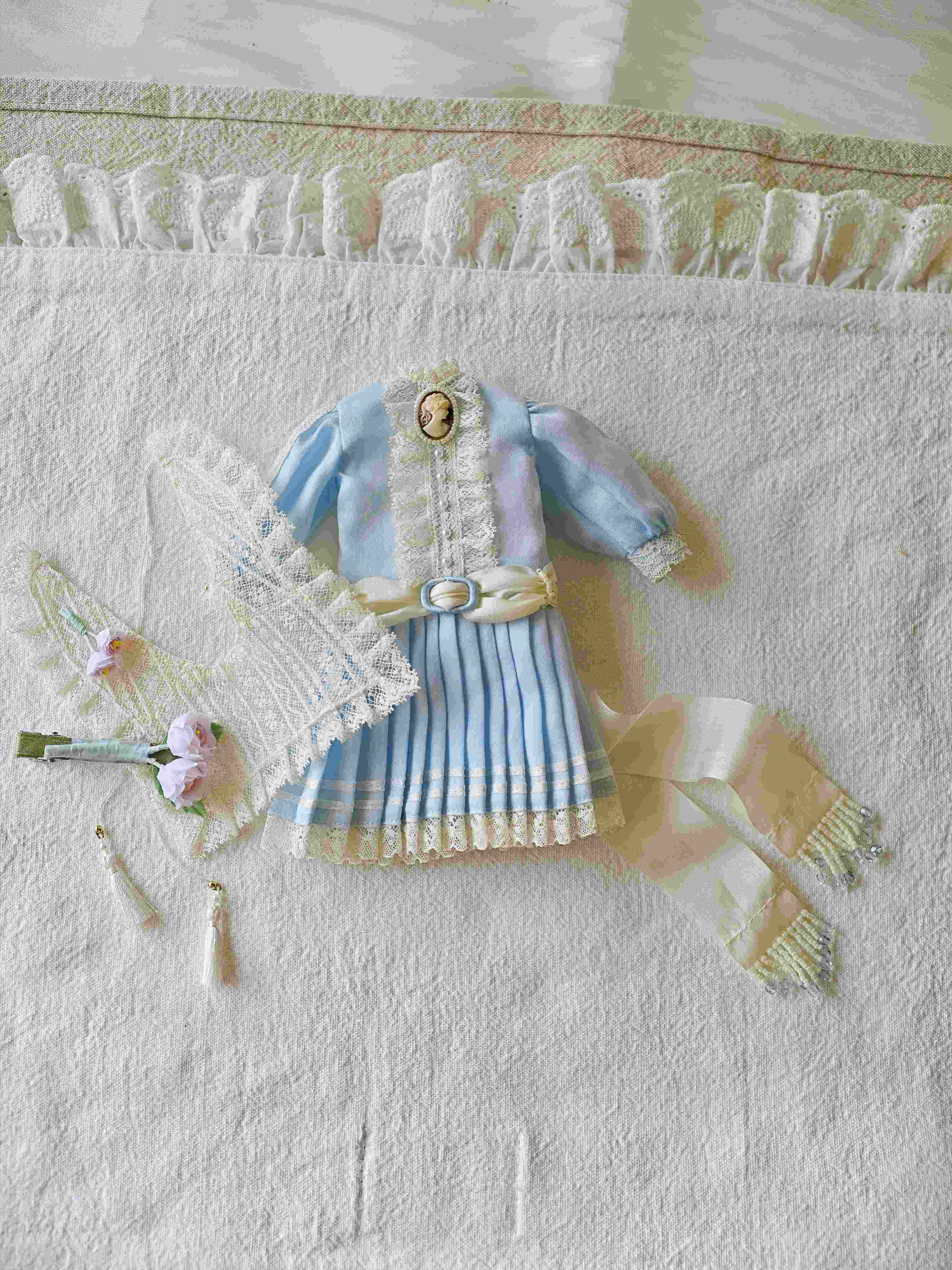 Handmade Outfit for Blythe/Obitsu,Blue Vintage Pleated Skirt Set