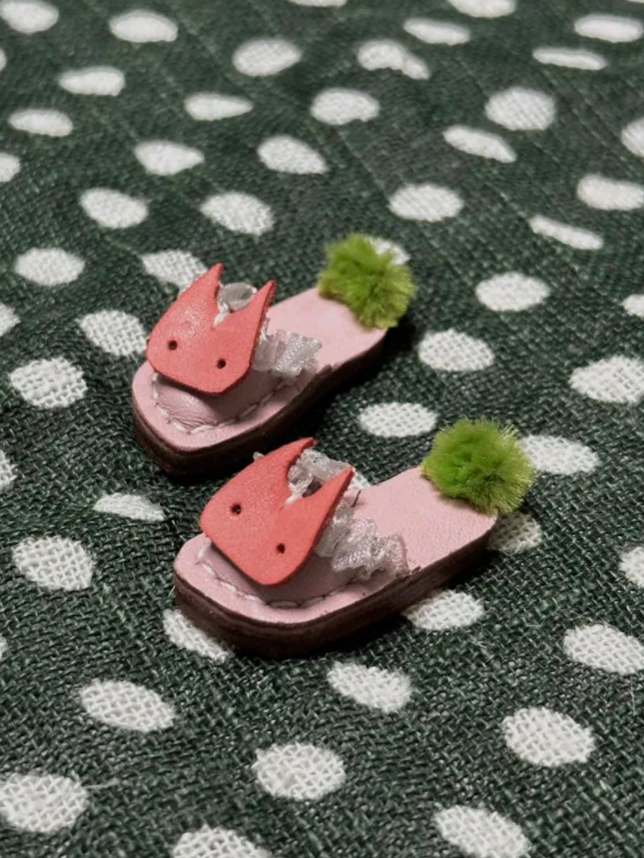 Pink Bunny Leather Blythe Slippers - Handmade Doll Shoes - ToastDoll