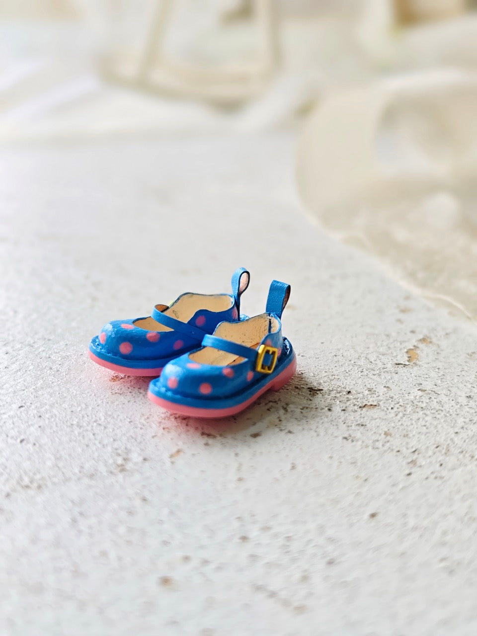 [IN STOCK] Leather Blue Polka Dot Blythe Handmade Shoes - ToastDoll