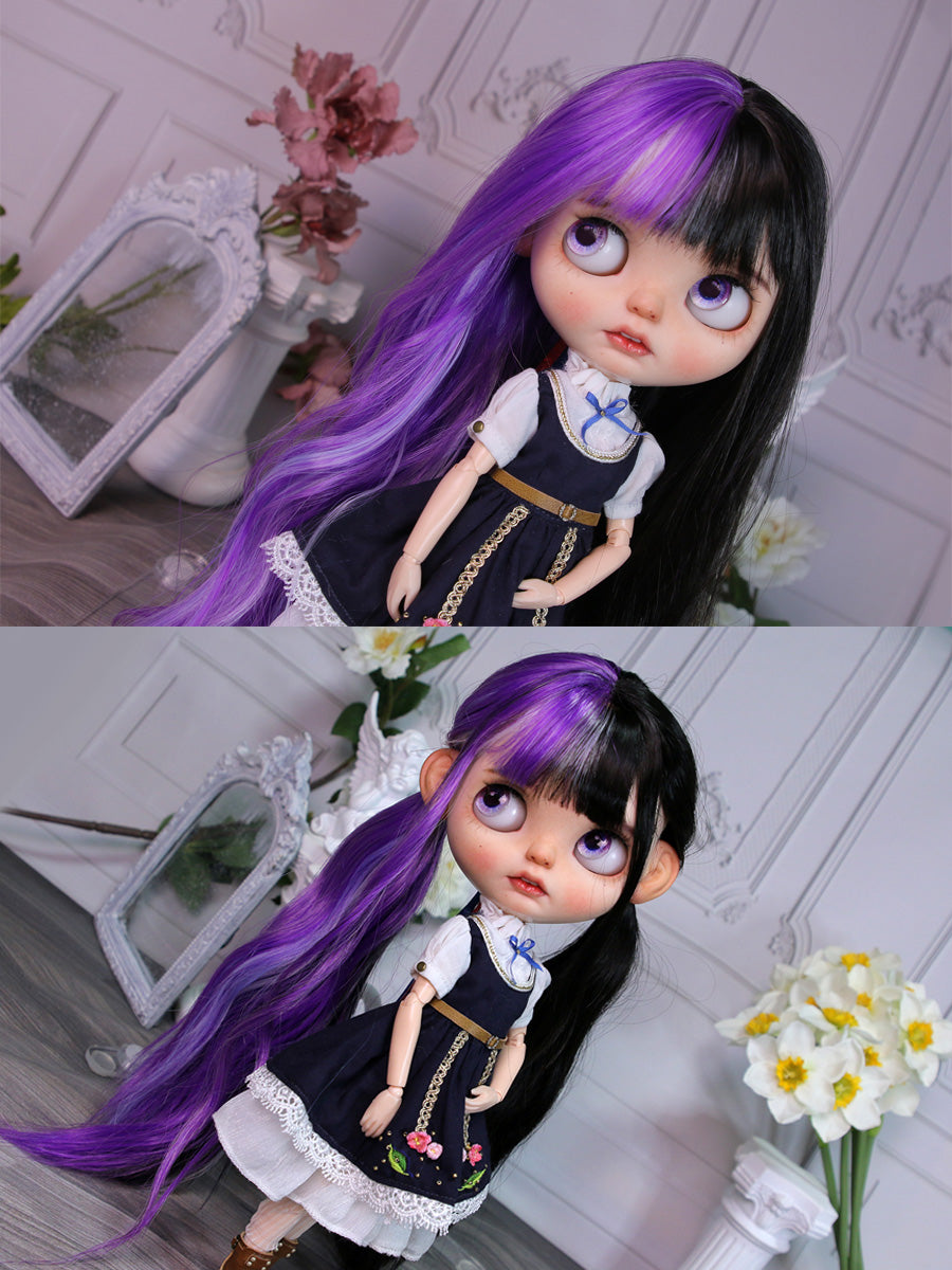 Handmade Blythe Wig, Two Tone Purple Black Waves with Bangs