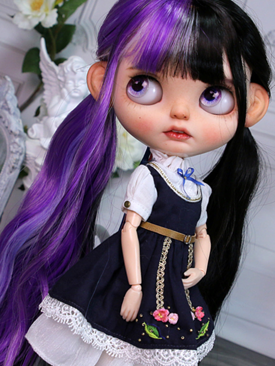 Handmade Blythe Wig, Two Tone Purple Black Waves with Bangs