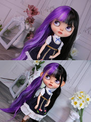 Handmade Blythe Wig, Two Tone Purple Black Waves with Bangs