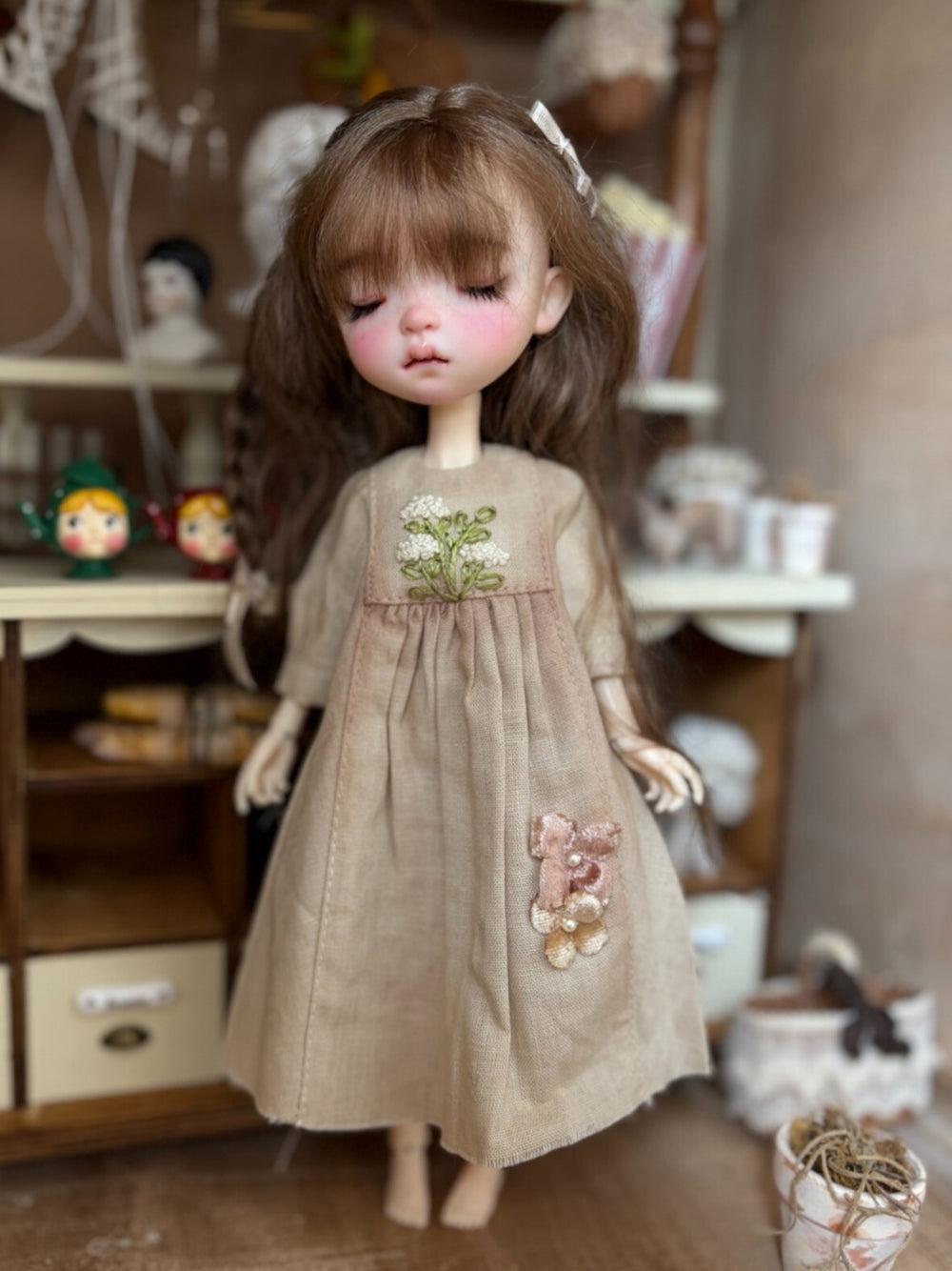 Khaki Floral Embroidery Blythe Dress Full Body View | ToastDoll