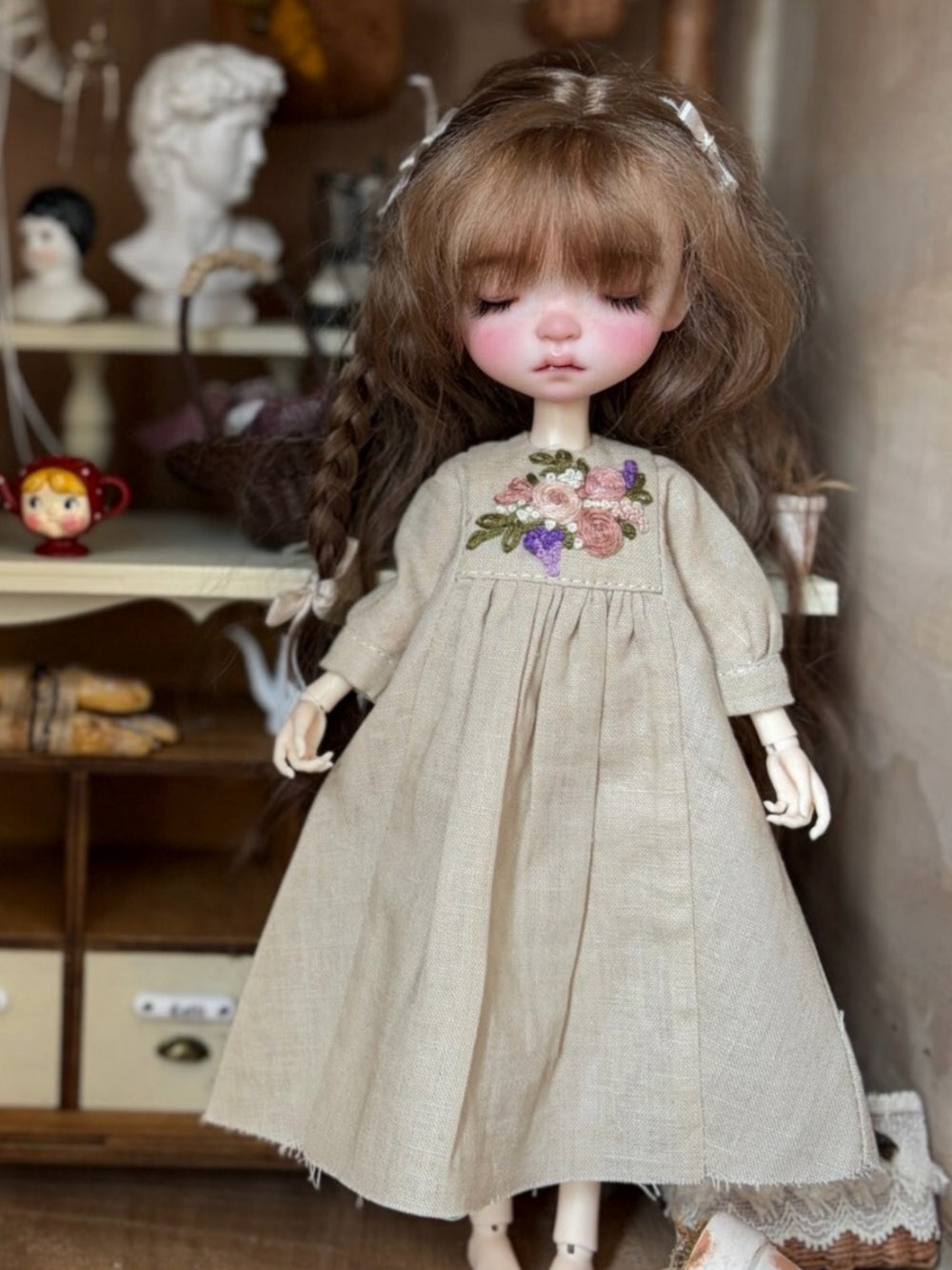 Khaki Floral Embroidery Blythe Dress Front View | ToastDoll