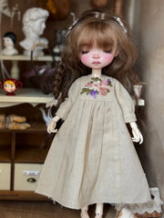 Khaki Floral Embroidery Blythe Dress Front View | ToastDoll