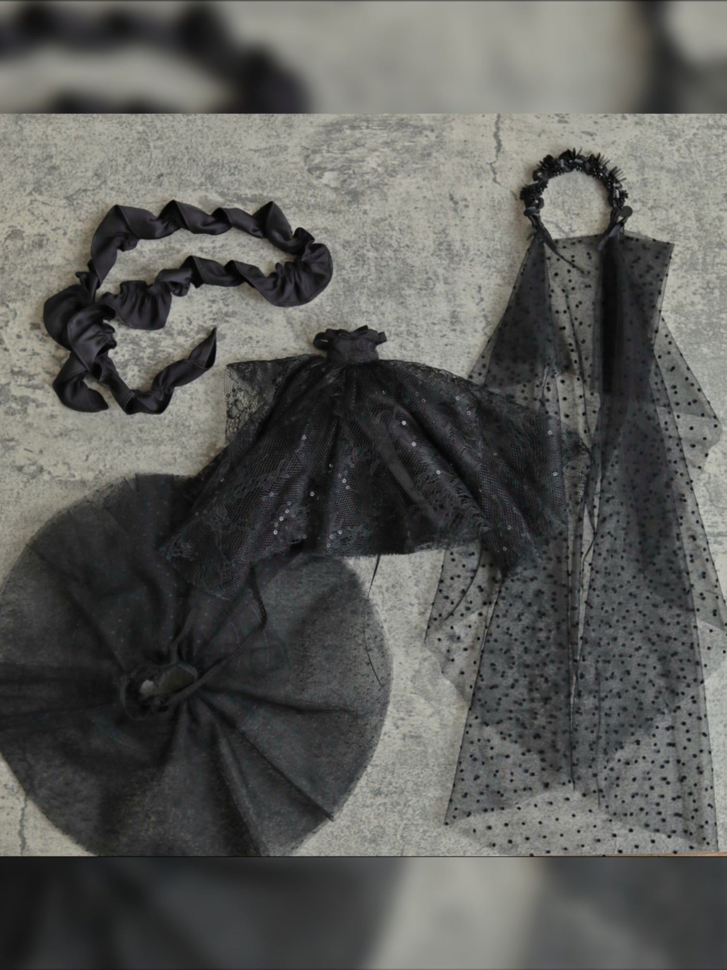 Luxury Bridal Veil Blythe Black Wedding Gown Flat Lay | ToastDoll