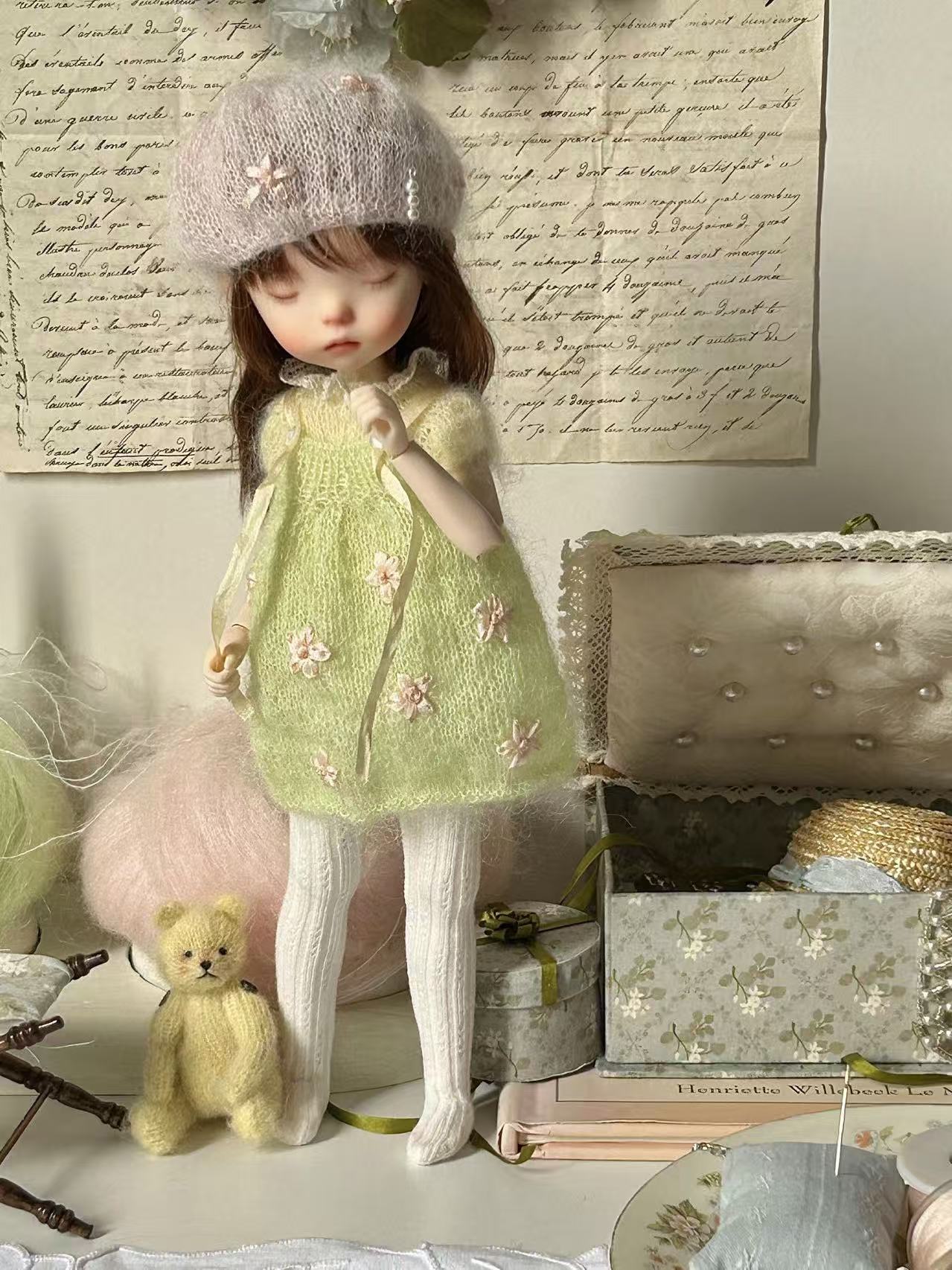 Green Floral Knit BJD Dress Set - Handmade Doll Clothes - ToastDoll