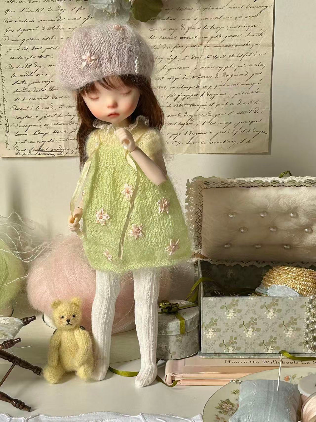 Green Floral Knit BJD Dress Set - Handmade Doll Clothes - ToastDoll
