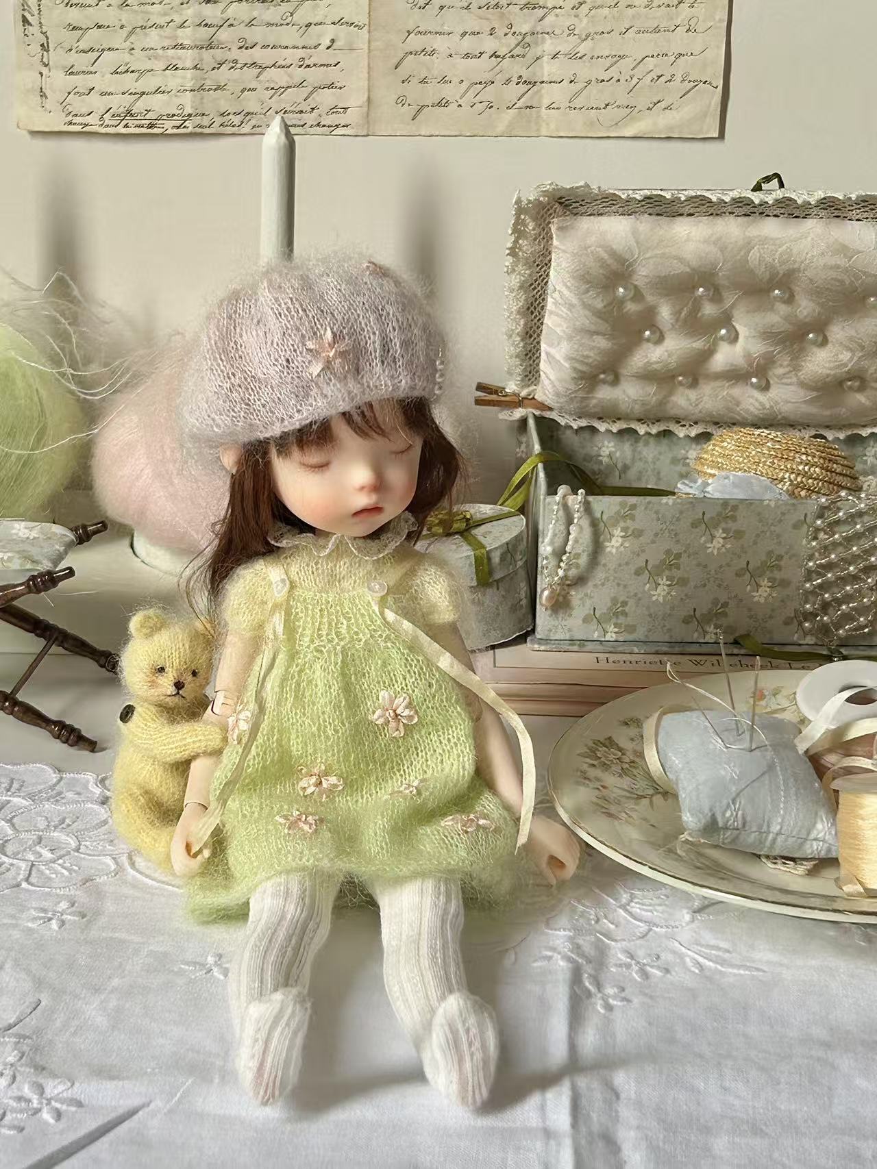 Green Floral Knit BJD Dress Set - Handmade Doll Clothes - ToastDoll