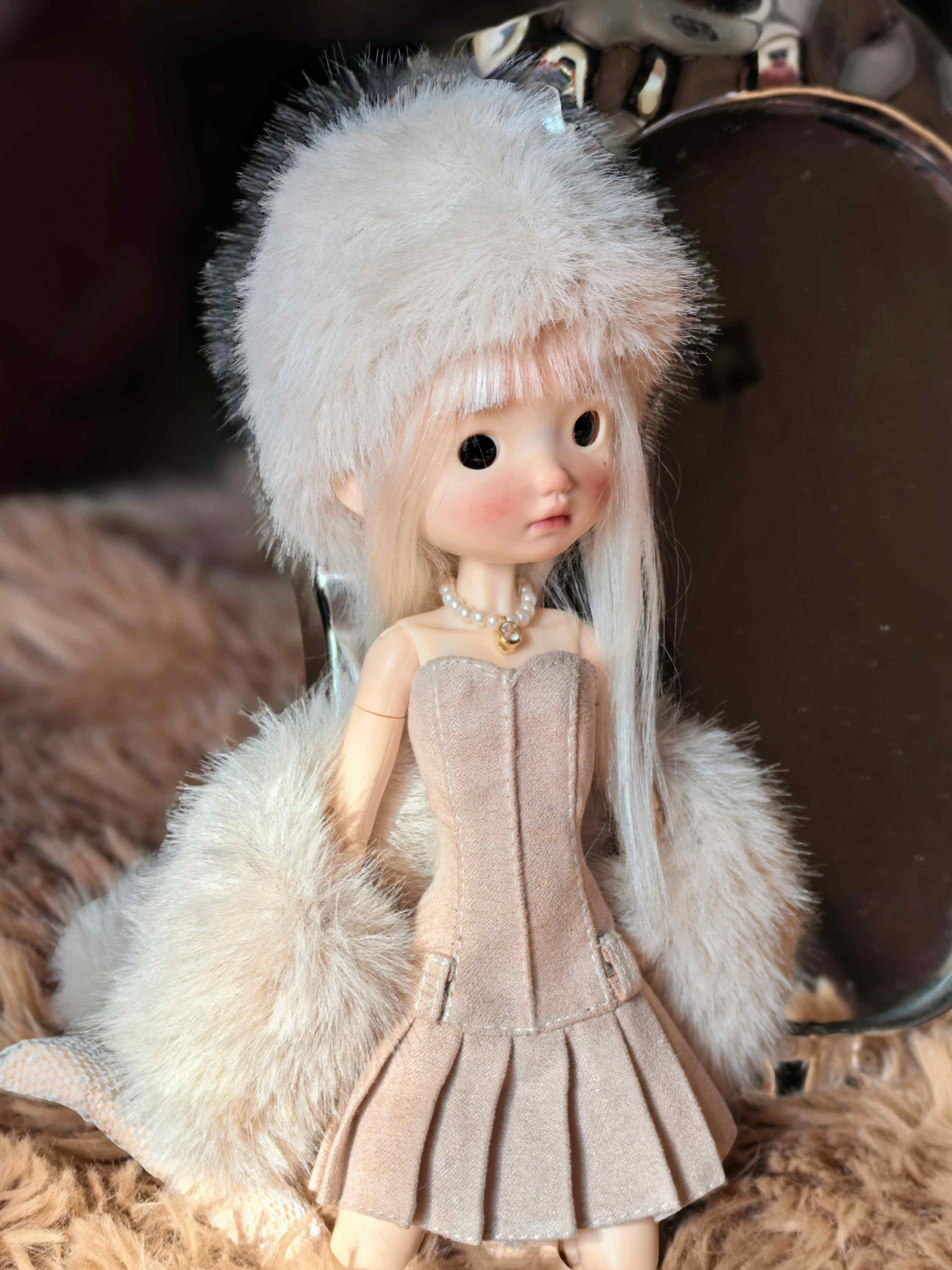 Handmade Outfit for Blythe/Obitsu,Faux Fur Corset Pleated Dress Suit