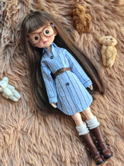 Handmade Outfit for Blythe/Obitsu,Blue Striped Shirt Dress