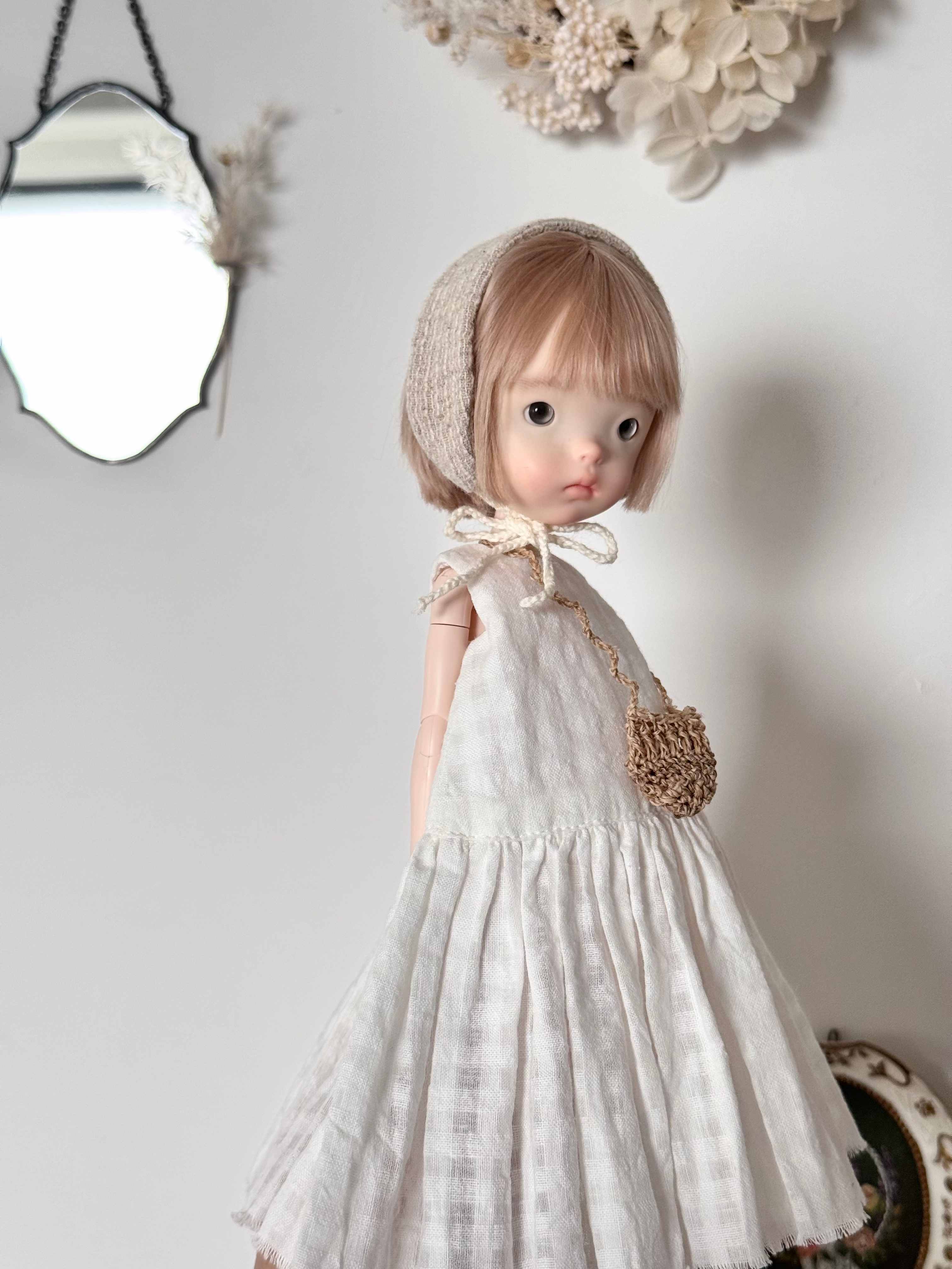 White Grid 1/6 BJD Dress Side View | ToastDoll