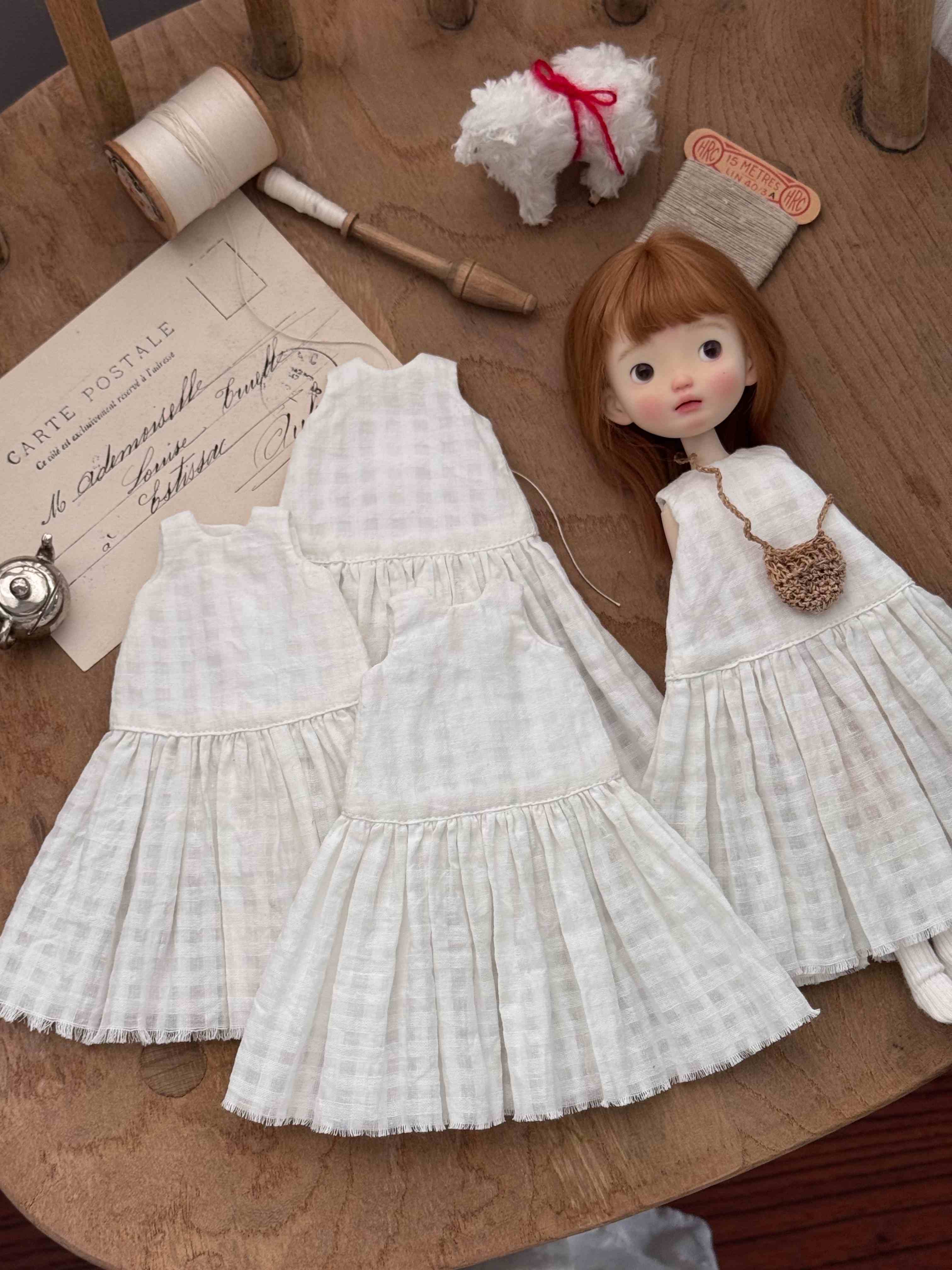 White Grid 1/6 BJD Dress Front View | ToastDoll
