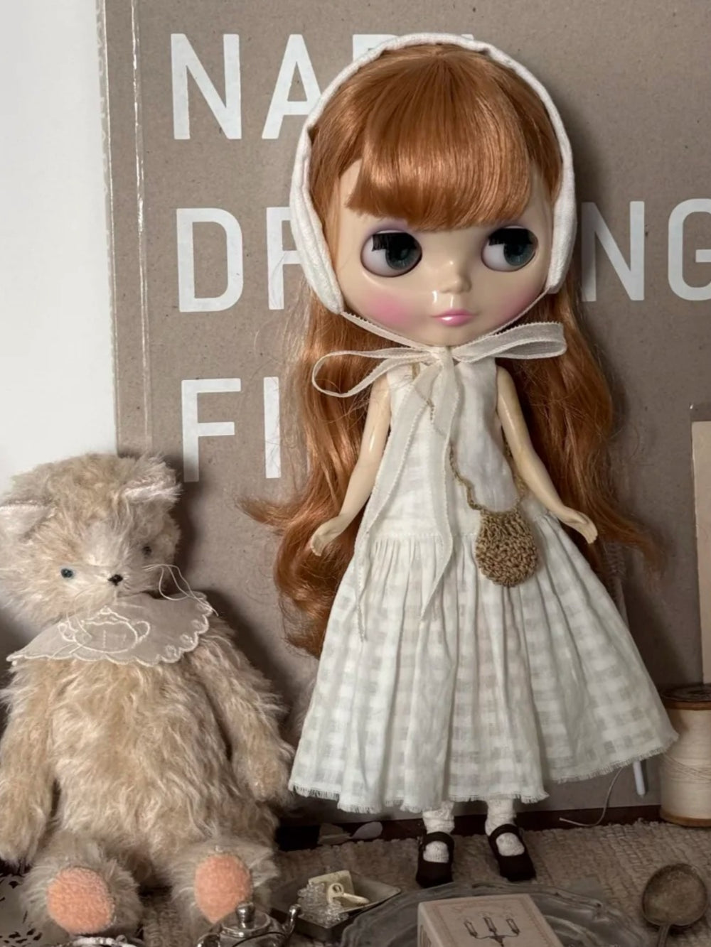 White Grid Blythe Dress On Doll Display | ToastDoll