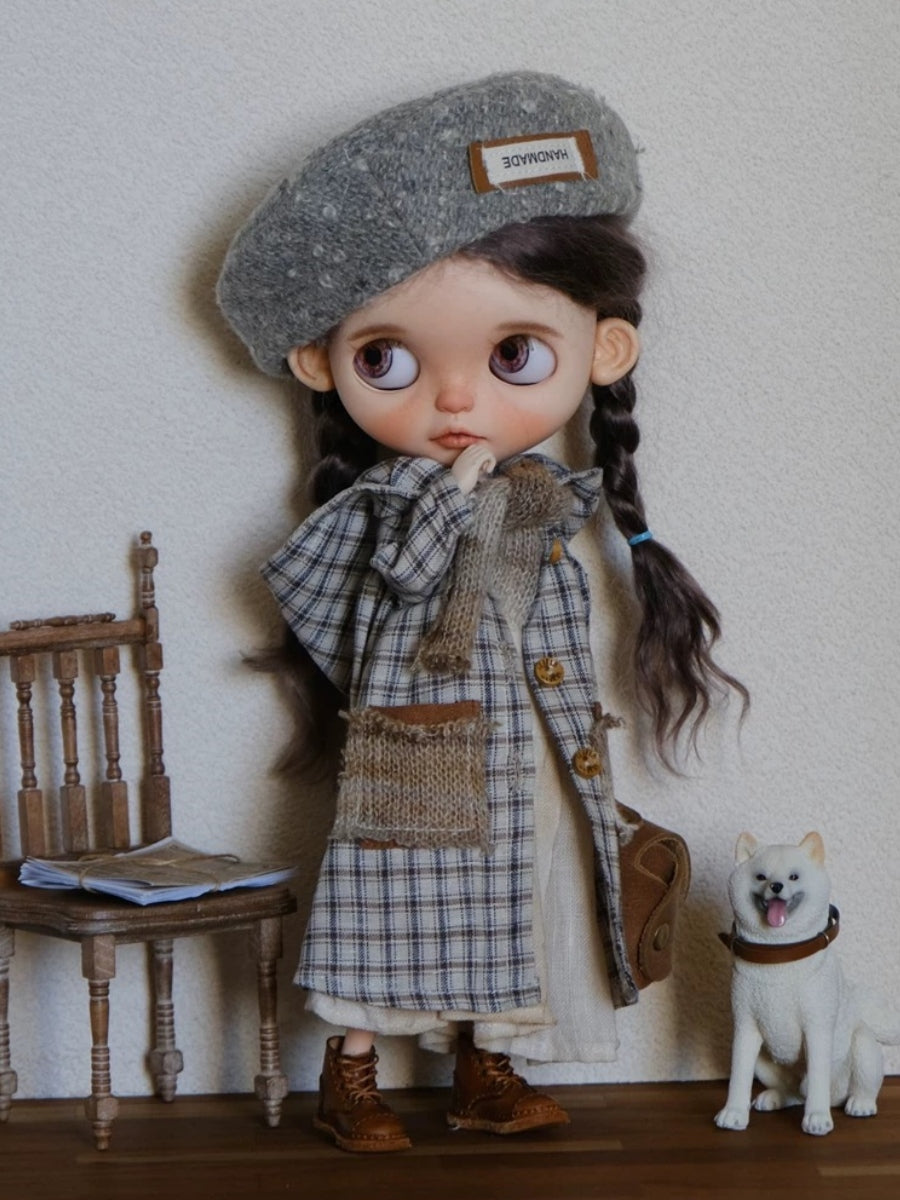 Gray Plaid Overcoat Blythe Outfit On Doll Display | ToastDoll