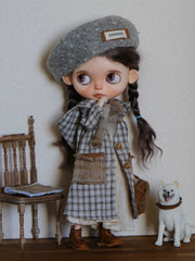 Gray Plaid Overcoat Blythe Outfit On Doll Display | ToastDoll