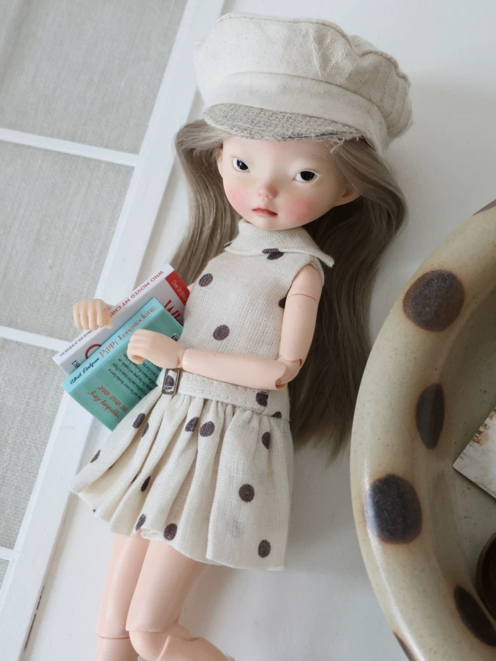 Linen Polka Dot 1/6 BJD Outfit On Doll Display | ToastDoll