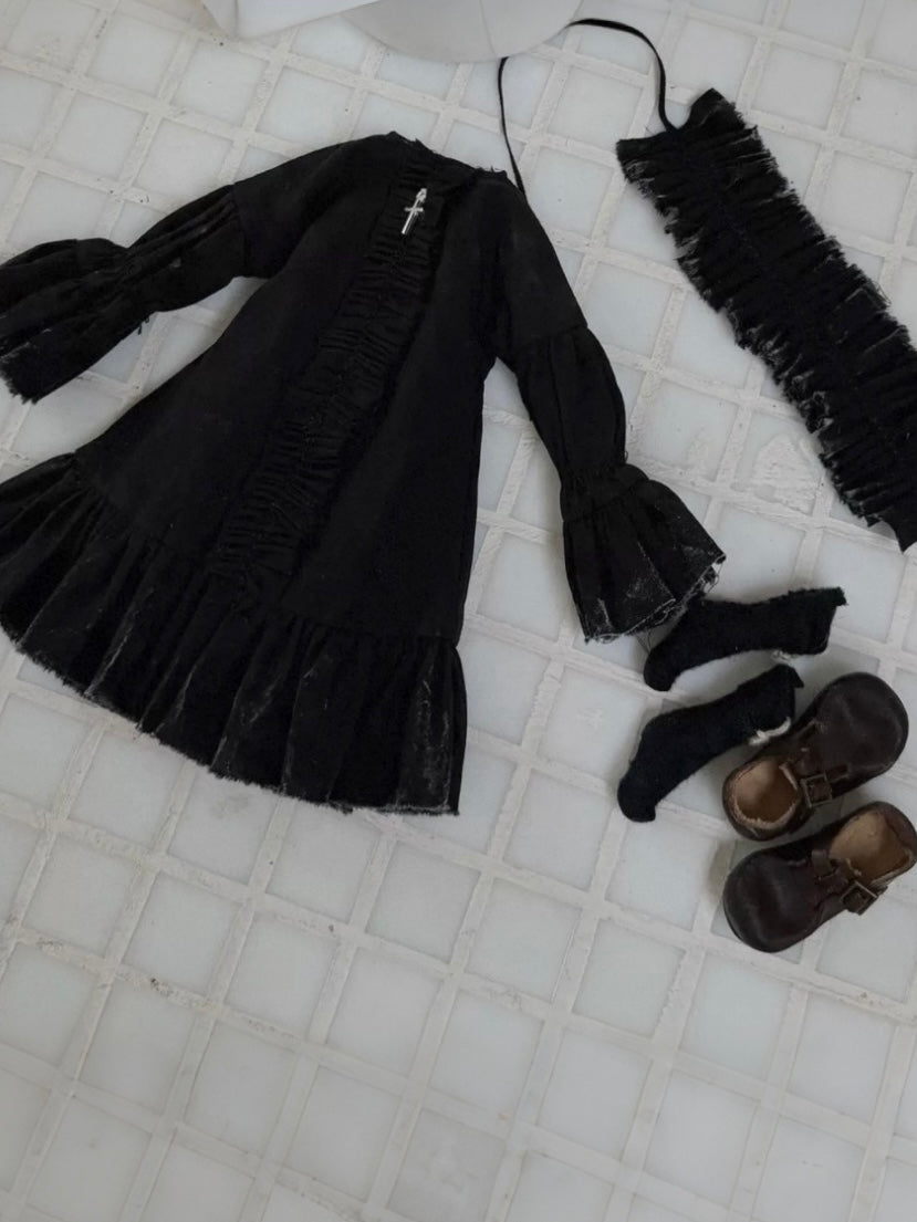 Black Vintage Ruffle Blythe 1/6 BJD Set Flat Lay | ToastDoll
